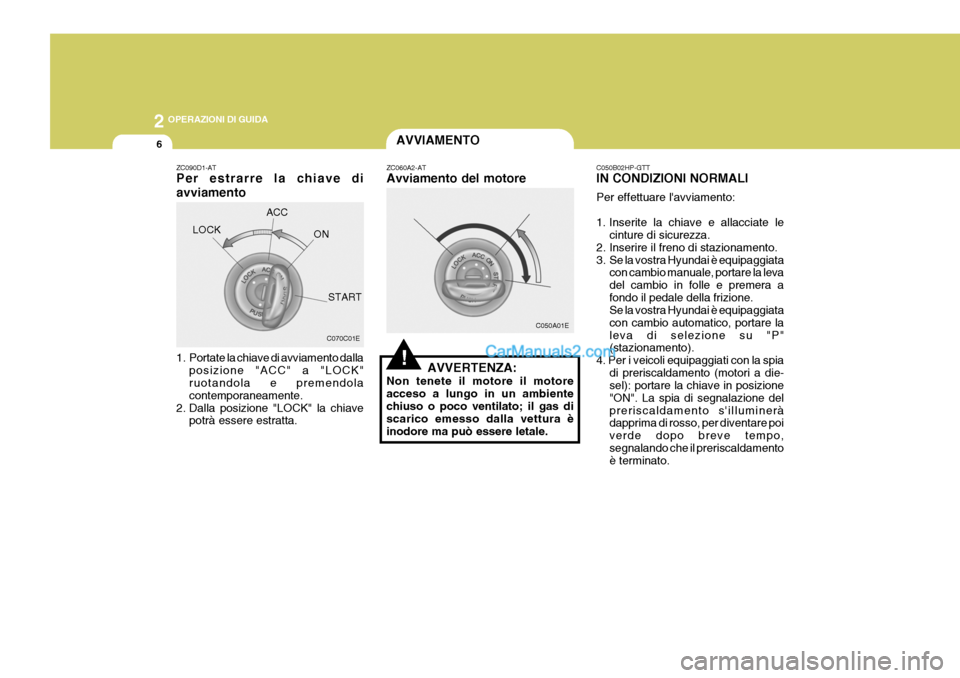 Hyundai Terracan 2006  Manuale del proprietario (in Italian) 2 OPERAZIONI DI GUIDA
6AVVIAMENTO
!
ZC060A2-AT Avviamento del motore
AVVERTENZA:
Non tenete il motore il motore acceso a lungo in un ambientechiuso o poco ventilato; il gas di scarico emesso dalla vet