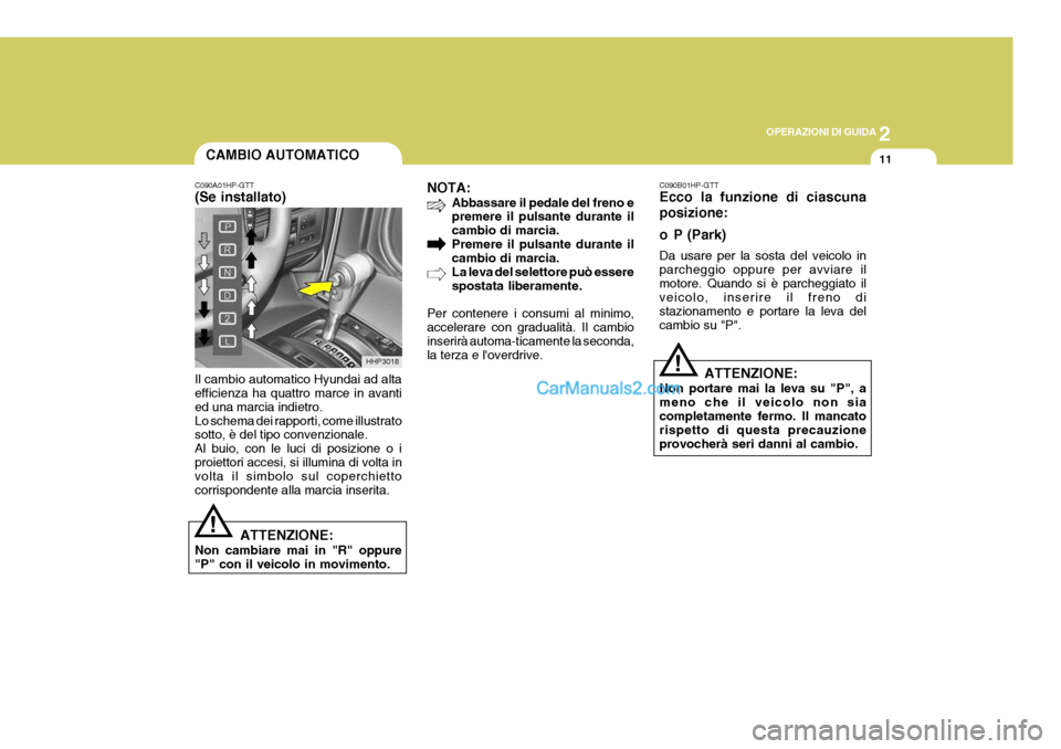 Hyundai Terracan 2006 Manuale del proprietario (in Italian) 2
OPERAZIONI DI GUIDA
11
!
CAMBIO AUTOMATICO
HHP3018
C090A01HP-GTT (Se installato)
NOTA:
Abbassare il pedale del freno e premere il pulsante durante il cambio di marcia.Premere il pulsante durante il Hyundai Terracan 2006 Manuale del proprietario (in Italian) 2
OPERAZIONI DI GUIDA
11
!
CAMBIO AUTOMATICO
HHP3018
C090A01HP-GTT (Se installato)
NOTA:
Abbassare il pedale del freno e premere il pulsante durante il cambio di marcia.Premere il pulsante durante il