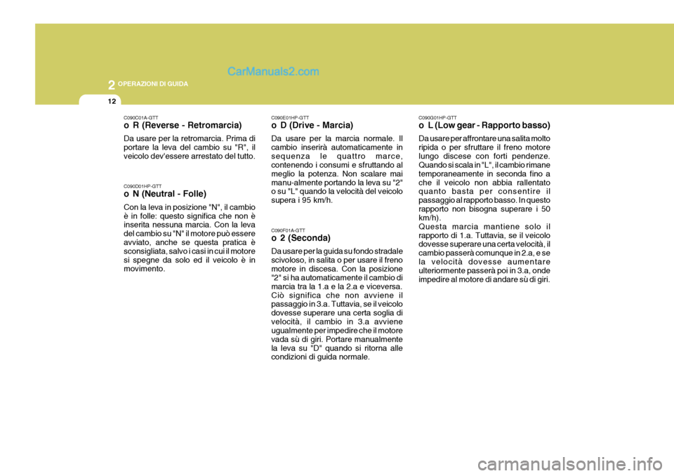 Hyundai Terracan 2006 Manuale del proprietario (in Italian) 2 OPERAZIONI DI GUIDA
12
C090C01A-GTT
o R (Reverse - Retromarcia) Da usare per la retromarcia. Prima di portare la leva del cambio su "R", ilveicolo devessere arrestato del tutto. C090D01HP-GTT
o N Hyundai Terracan 2006 Manuale del proprietario (in Italian) 2 OPERAZIONI DI GUIDA
12
C090C01A-GTT
o R (Reverse - Retromarcia) Da usare per la retromarcia. Prima di portare la leva del cambio su "R", ilveicolo devessere arrestato del tutto. C090D01HP-GTT
o N