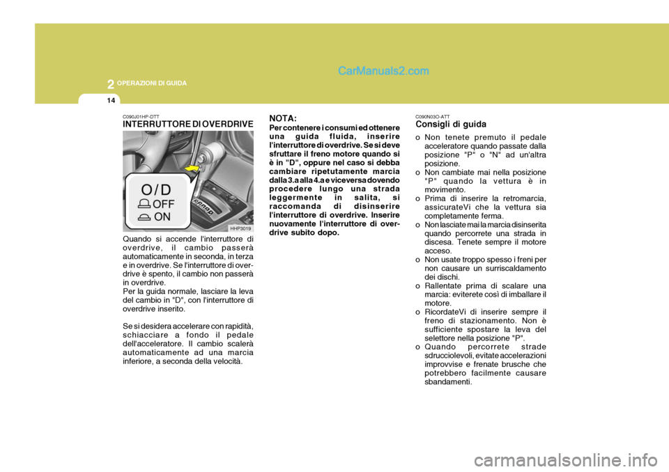 Hyundai Terracan 2006 Manuale del proprietario (in Italian) 2 OPERAZIONI DI GUIDA
14
NOTA: Per contenere i consumi ed ottenere una guida fluida, inserire linterruttore di overdrive. Se si devesfruttare il freno motore quando si è in "D", oppure nel caso si d Hyundai Terracan 2006 Manuale del proprietario (in Italian) 2 OPERAZIONI DI GUIDA
14
NOTA: Per contenere i consumi ed ottenere una guida fluida, inserire linterruttore di overdrive. Se si devesfruttare il freno motore quando si è in "D", oppure nel caso si d