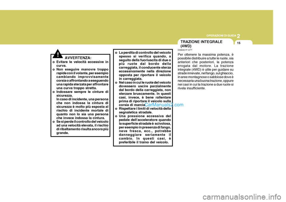 Hyundai Terracan 2006 Manuale del proprietario (in Italian) 2
OPERAZIONI DI GUIDA
15TRAZIONE INTEGRALE (4WD)
!AVVERTENZA:
o Evitare le velocità eccessive in curva.
o Non eseguire manovre troppo rapide con il volante, per esempio cambiando improvvisamente cors Hyundai Terracan 2006 Manuale del proprietario (in Italian) 2
OPERAZIONI DI GUIDA
15TRAZIONE INTEGRALE (4WD)
!AVVERTENZA:
o Evitare le velocità eccessive in curva.
o Non eseguire manovre troppo rapide con il volante, per esempio cambiando improvvisamente cors