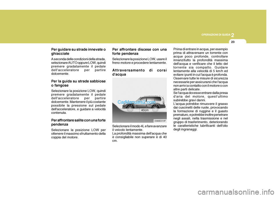 Hyundai Terracan 2006  Manuale del proprietario (in Italian) 2
OPERAZIONI DI GUIDA
23
Per guidare su strade innevate o ghiacciate A seconda delle condizioni della strada, selezionare AUTO oppure LOW, quindipremere gradatamente il pedale dellacceleratore per pa