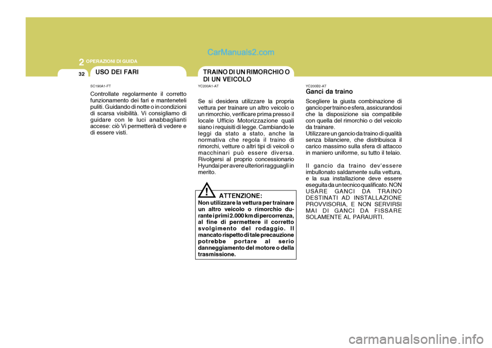 Hyundai Terracan 2006 Manuale del proprietario (in Italian) 2 OPERAZIONI DI GUIDA
32
YC200B2-AT Ganci da traino Scegliere la giusta combinazione di gancio per traino e sfera, assicurandosiche la disposizione sia compatibile con quella del rimorchio o del veico Hyundai Terracan 2006 Manuale del proprietario (in Italian) 2 OPERAZIONI DI GUIDA
32
YC200B2-AT Ganci da traino Scegliere la giusta combinazione di gancio per traino e sfera, assicurandosiche la disposizione sia compatibile con quella del rimorchio o del veico