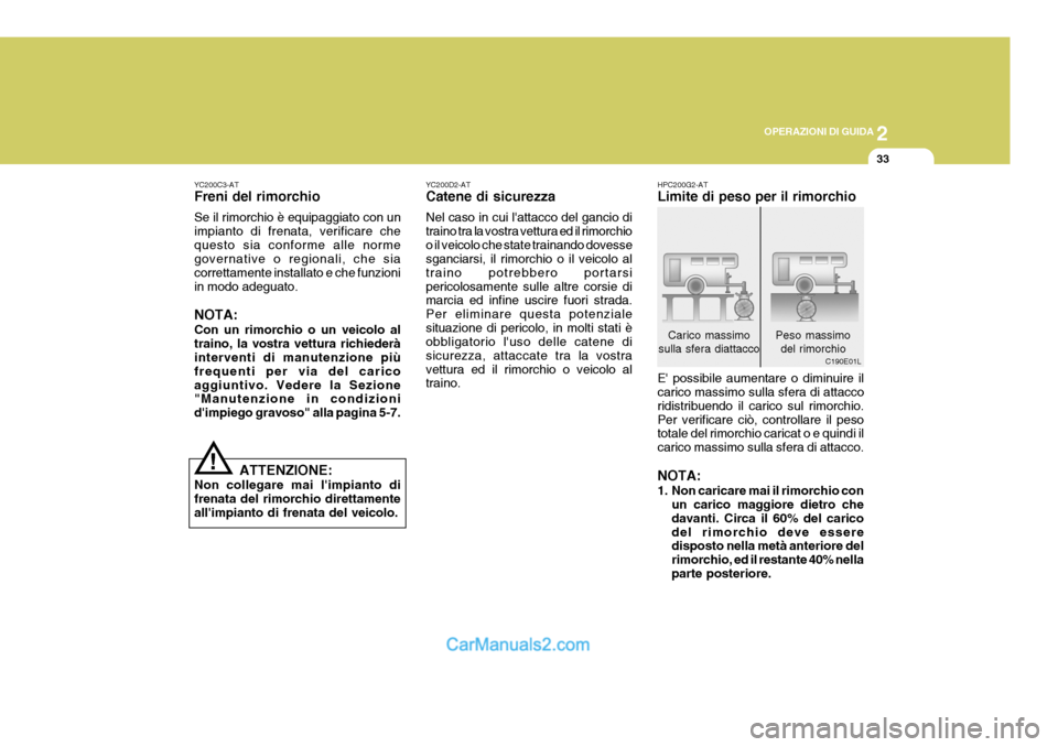 Hyundai Terracan 2006 Manuale del proprietario (in Italian) 2
OPERAZIONI DI GUIDA
33
!
YC200C3-AT Freni del rimorchio Se il rimorchio è equipaggiato con un impianto di frenata, verificare chequesto sia conforme alle norme governative o regionali, che sia corr Hyundai Terracan 2006 Manuale del proprietario (in Italian) 2
OPERAZIONI DI GUIDA
33
!
YC200C3-AT Freni del rimorchio Se il rimorchio è equipaggiato con un impianto di frenata, verificare chequesto sia conforme alle norme governative o regionali, che sia corr