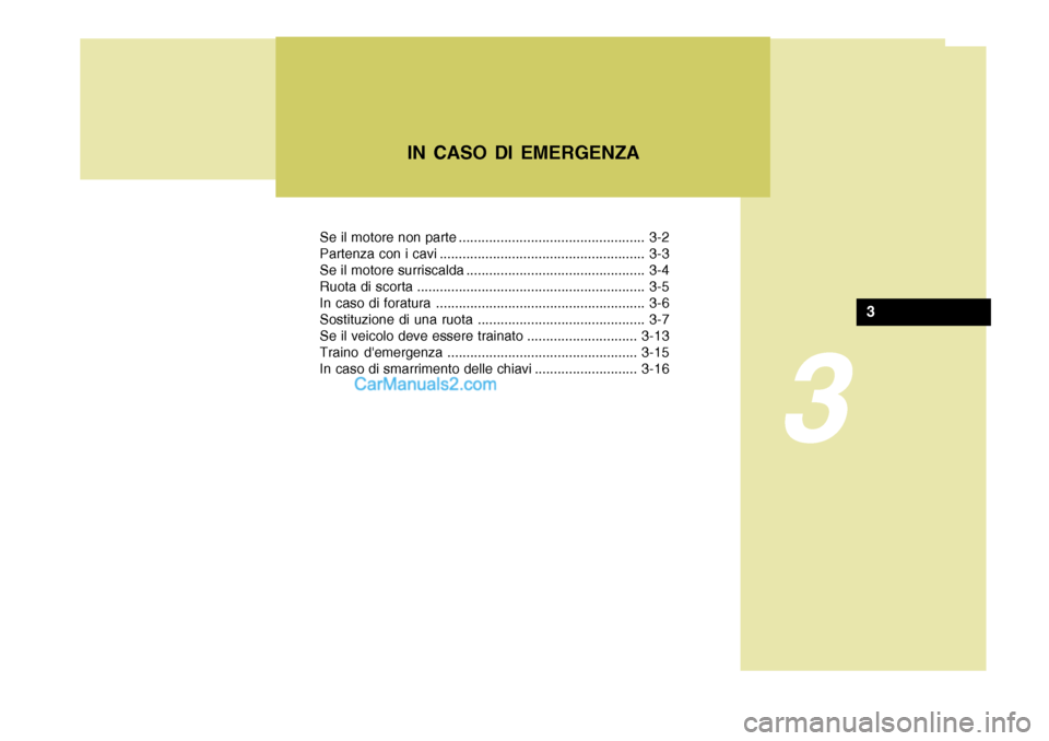 Hyundai Terracan 2006 Manuale del proprietario (in Italian) Se il motore non parte ................................................. 3-2
Partenza con i cavi ...................................................... 3-3
Se il motore surriscalda .................. Hyundai Terracan 2006 Manuale del proprietario (in Italian) Se il motore non parte ................................................. 3-2
Partenza con i cavi ...................................................... 3-3
Se il motore surriscalda ..................