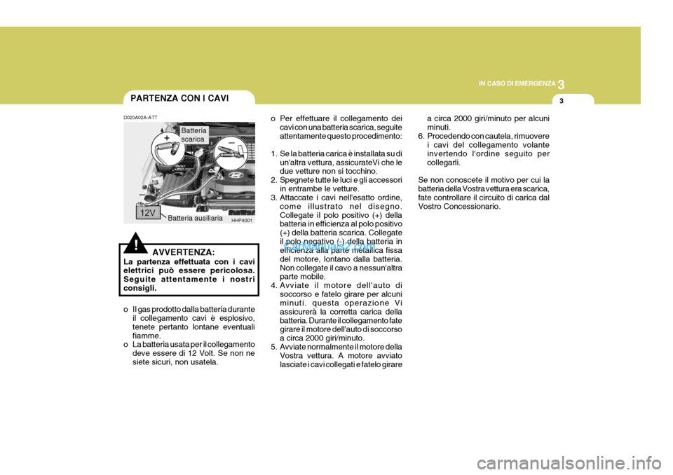 Hyundai Terracan 2006 Manuale del proprietario (in Italian) 3
IN CASO DI EMERGENZA
3
!
HHP4001Batteria ausiliaria Batteria scarica
PARTENZA CON I CAVI
D020A02A-ATT
AVVERTENZA:
La partenza effettuata con i cavi elettrici può essere pericolosa. Seguite attentam Hyundai Terracan 2006 Manuale del proprietario (in Italian) 3
IN CASO DI EMERGENZA
3
!
HHP4001Batteria ausiliaria Batteria scarica
PARTENZA CON I CAVI
D020A02A-ATT
AVVERTENZA:
La partenza effettuata con i cavi elettrici può essere pericolosa. Seguite attentam
