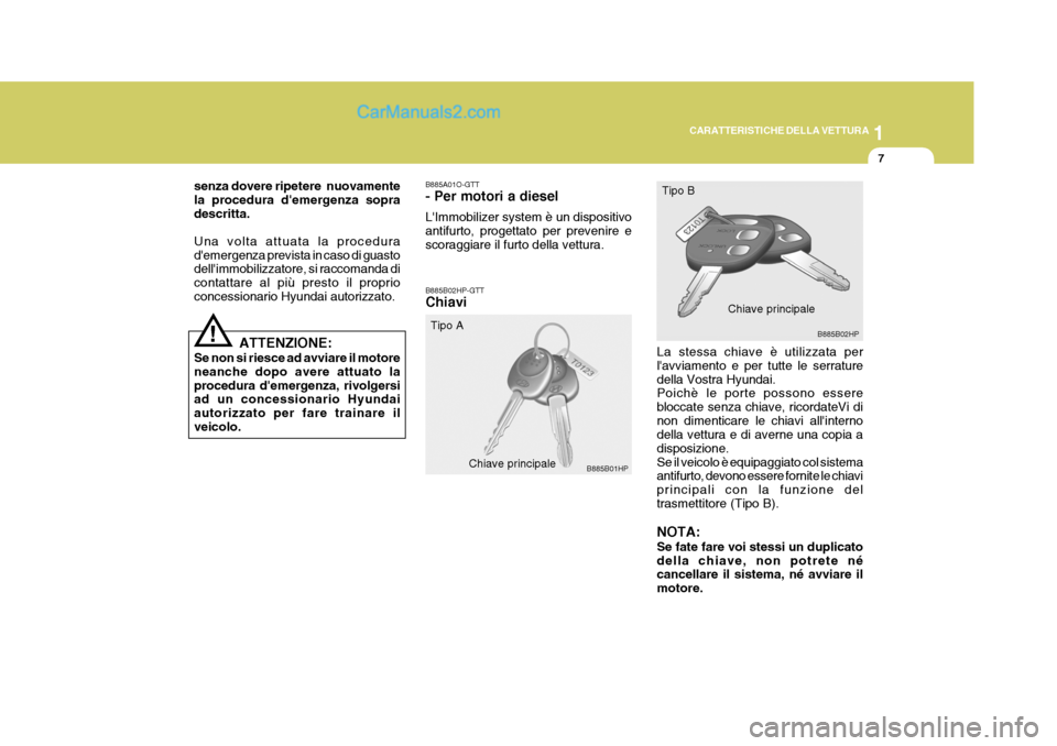 Hyundai Terracan 2006 Manuale del proprietario (in Italian) 1
CARATTERISTICHE DELLA VETTURA
7
!
senza dovere ripetere nuovamente la procedura demergenza sopradescritta. Una volta attuata la procedura demergenza prevista in caso di guasto dellimmobilizzator Hyundai Terracan 2006 Manuale del proprietario (in Italian) 1
CARATTERISTICHE DELLA VETTURA
7
!
senza dovere ripetere nuovamente la procedura demergenza sopradescritta. Una volta attuata la procedura demergenza prevista in caso di guasto dellimmobilizzator