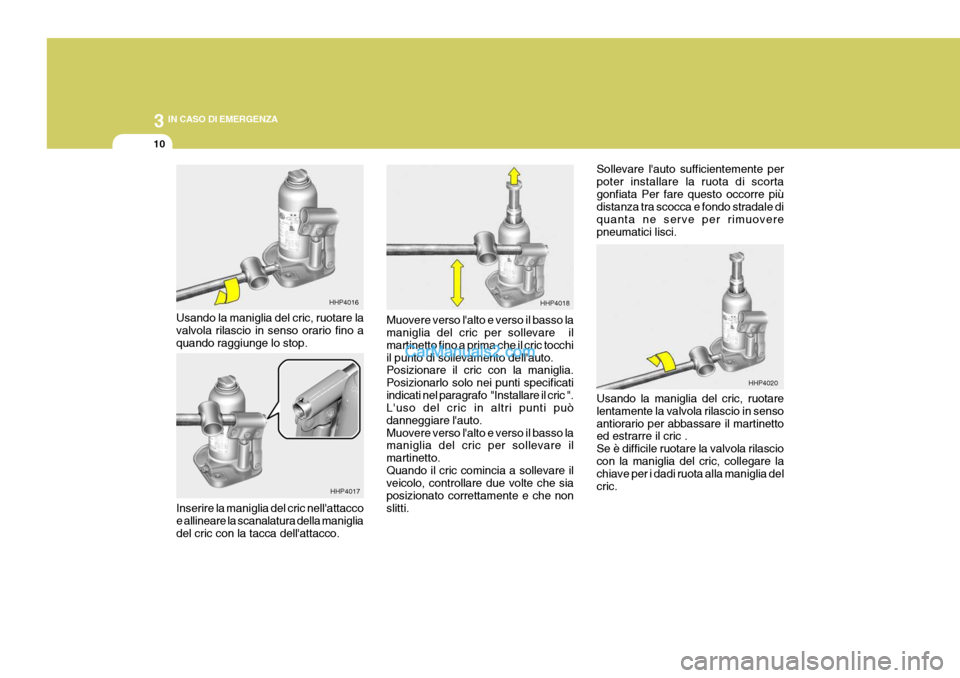 Hyundai Terracan 2006 Manuale del proprietario (in Italian) 3 IN CASO DI EMERGENZA
10
Usando la maniglia del cric, ruotare la valvola rilascio in senso orario fino a quando raggiunge lo stop.
Inserire la maniglia del cric nellattacco e allineare la scanalatur Hyundai Terracan 2006 Manuale del proprietario (in Italian) 3 IN CASO DI EMERGENZA
10
Usando la maniglia del cric, ruotare la valvola rilascio in senso orario fino a quando raggiunge lo stop.
Inserire la maniglia del cric nellattacco e allineare la scanalatur