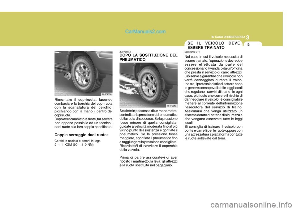 Hyundai Terracan 2006  Manuale del proprietario (in Italian) 3
IN CASO DI EMERGENZA
13
HHP5019
ZD070M1-A DOPO LA SOSTITUZIONE DEL PNEUMATICO Se siete in possesso di un manometro, controllate la pressione del pneumatico della ruota di soccorso. Se la pressione f