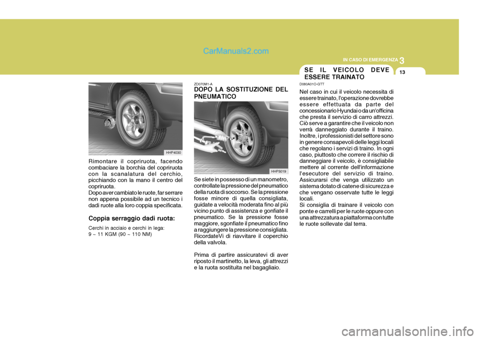 Hyundai Terracan 2006 Manuale del proprietario (in Italian) 3
IN CASO DI EMERGENZA
13
HHP5019
ZD070M1-A DOPO LA SOSTITUZIONE DEL PNEUMATICO Se siete in possesso di un manometro, controllate la pressione del pneumatico della ruota di soccorso. Se la pressione f Hyundai Terracan 2006 Manuale del proprietario (in Italian) 3
IN CASO DI EMERGENZA
13
HHP5019
ZD070M1-A DOPO LA SOSTITUZIONE DEL PNEUMATICO Se siete in possesso di un manometro, controllate la pressione del pneumatico della ruota di soccorso. Se la pressione f