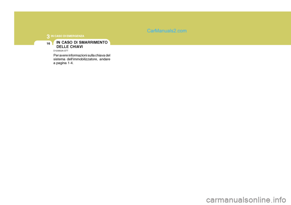 Hyundai Terracan 2006 Manuale del proprietario (in Italian) 3 IN CASO DI EMERGENZA
16IN CASO DI SMARRIMENTO DELLE CHIAVI
D120A02A-GTT Per avere informazioni sulla chiava del sistema dellimmobilizzatore, andare a pagina 1-4. Hyundai Terracan 2006 Manuale del proprietario (in Italian) 3 IN CASO DI EMERGENZA
16IN CASO DI SMARRIMENTO DELLE CHIAVI
D120A02A-GTT Per avere informazioni sulla chiava del sistema dellimmobilizzatore, andare a pagina 1-4.