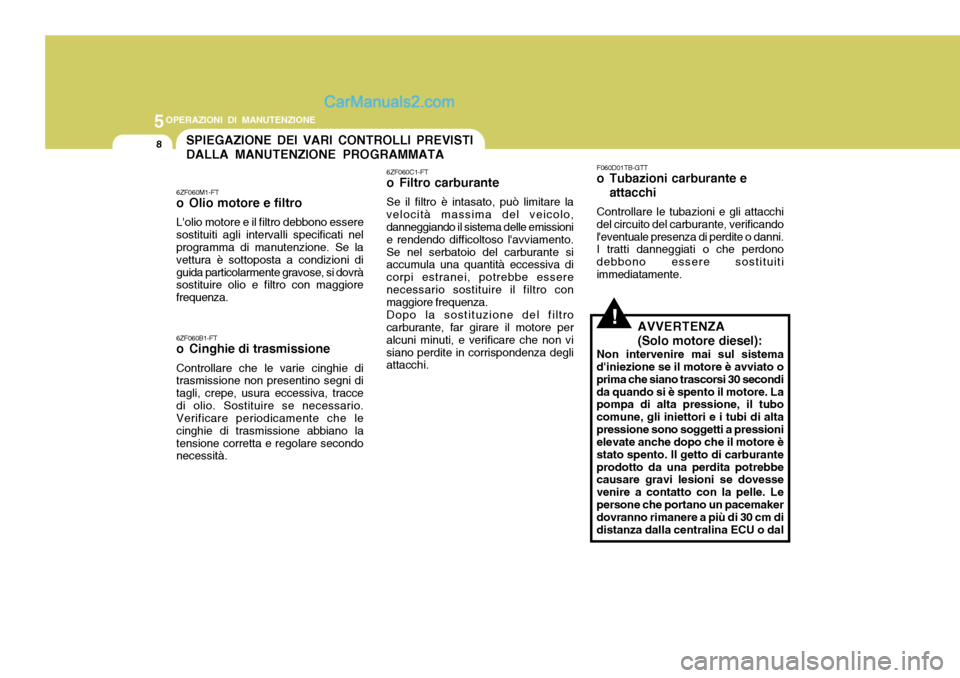 Hyundai Terracan 2006 Manuale del proprietario (in Italian) 5OPERAZIONI DI MANUTENZIONE
8SPIEGAZIONE DEI VARI CONTROLLI PREVISTI DALLA MANUTENZIONE PROGRAMMATA
!
6ZF060M1-FT
o Olio motore e filtro Lolio motore e il filtro debbono essere sostituiti agli inter Hyundai Terracan 2006 Manuale del proprietario (in Italian) 5OPERAZIONI DI MANUTENZIONE
8SPIEGAZIONE DEI VARI CONTROLLI PREVISTI DALLA MANUTENZIONE PROGRAMMATA
!
6ZF060M1-FT
o Olio motore e filtro Lolio motore e il filtro debbono essere sostituiti agli inter