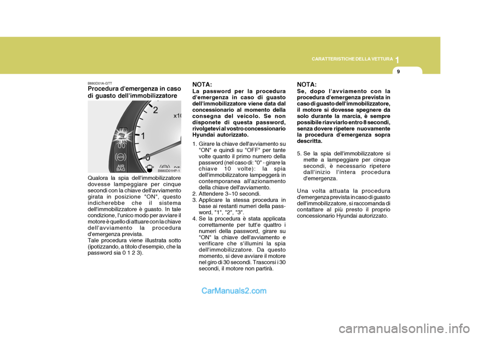 Hyundai Terracan 2006 Manuale del proprietario (in Italian) 1
CARATTERISTICHE DELLA VETTURA
9
B880D01A-GTT Procedura demergenza in caso di guasto dellimmobilizzatore Qualora la spia dellimmobilizzatore dovesse lampeggiare per cinquesecondi con la chiave del Hyundai Terracan 2006 Manuale del proprietario (in Italian) 1
CARATTERISTICHE DELLA VETTURA
9
B880D01A-GTT Procedura demergenza in caso di guasto dellimmobilizzatore Qualora la spia dellimmobilizzatore dovesse lampeggiare per cinquesecondi con la chiave del