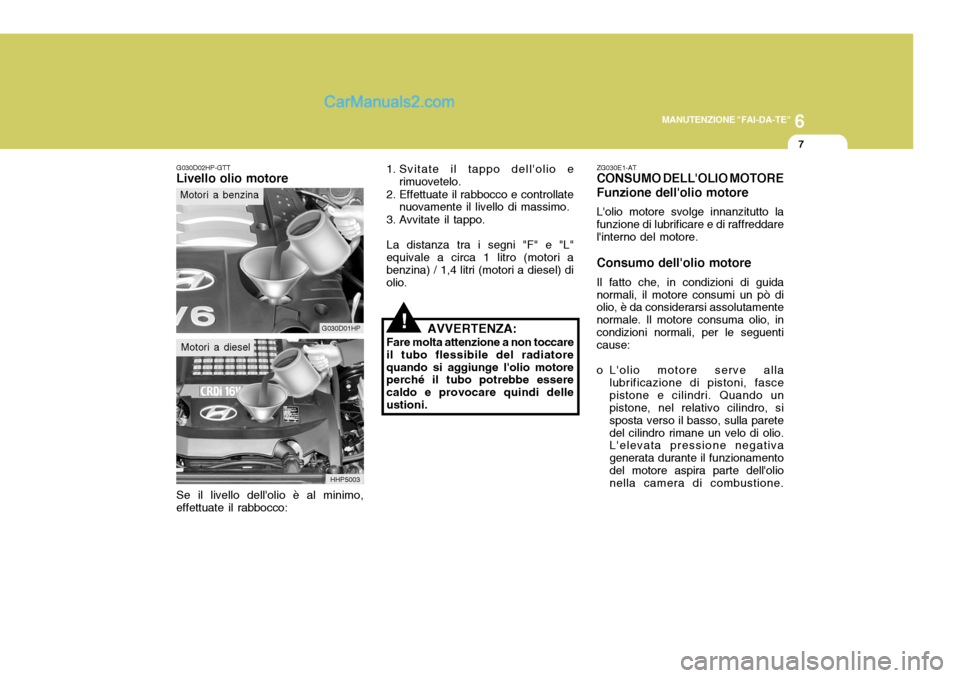Hyundai Terracan 2006 Manuale del proprietario (in Italian) 6
MANUTENZIONE "FAI-DA-TE"
7
G030D02HP-GTT
Livello olio motore
Se il livello dellolio è al minimo, effettuate il rabbocco: 1. Svitate il tappo dellolio e
rimuovetelo.
2. Effettuate il rabbocco e co Hyundai Terracan 2006 Manuale del proprietario (in Italian) 6
MANUTENZIONE "FAI-DA-TE"
7
G030D02HP-GTT
Livello olio motore
Se il livello dellolio è al minimo, effettuate il rabbocco: 1. Svitate il tappo dellolio e
rimuovetelo.
2. Effettuate il rabbocco e co