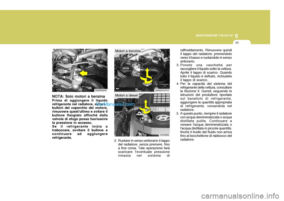 Hyundai Terracan 2006 Manuale del proprietario (in Italian) 6
MANUTENZIONE "FAI-DA-TE"
11
NOTA: Solo motori a benzina Prima di aggiungere il liquido refrigerante nel radiatore, svitare i bulloni del coperchio del motore, rimuovere questultimo e svitare ilbull Hyundai Terracan 2006 Manuale del proprietario (in Italian) 6
MANUTENZIONE "FAI-DA-TE"
11
NOTA: Solo motori a benzina Prima di aggiungere il liquido refrigerante nel radiatore, svitare i bulloni del coperchio del motore, rimuovere questultimo e svitare ilbull