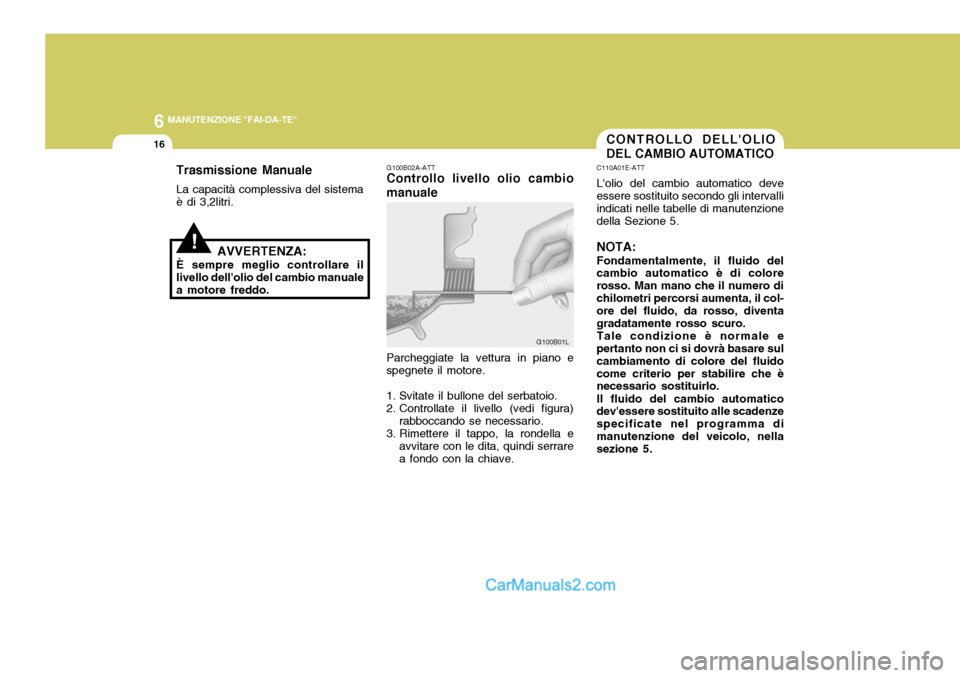 Hyundai Terracan 2006 Manuale del proprietario (in Italian) 6 MANUTENZIONE "FAI-DA-TE"
16CONTROLLO DELLOLIO DEL CAMBIO AUTOMATICO
C110A01E-ATT Lolio del cambio automatico deve essere sostituito secondo gli intervalli indicati nelle tabelle di manutenzionedel Hyundai Terracan 2006 Manuale del proprietario (in Italian) 6 MANUTENZIONE "FAI-DA-TE"
16CONTROLLO DELLOLIO DEL CAMBIO AUTOMATICO
C110A01E-ATT Lolio del cambio automatico deve essere sostituito secondo gli intervalli indicati nelle tabelle di manutenzionedel