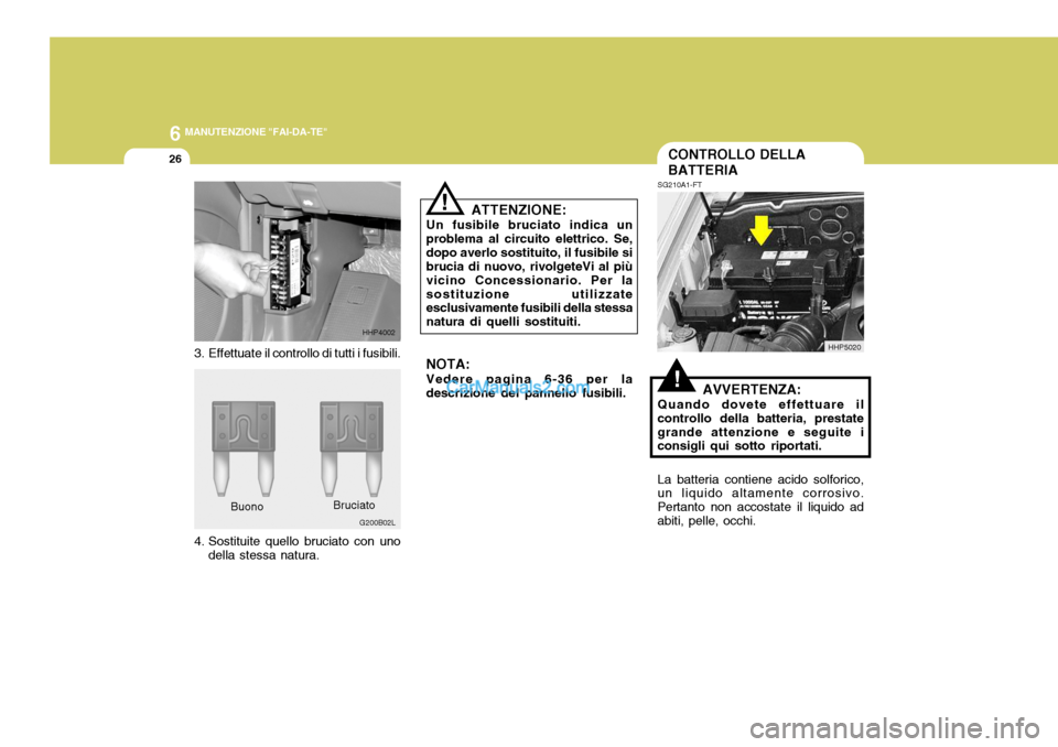 Hyundai Terracan 2006 Manuale del proprietario (in Italian) 6 MANUTENZIONE "FAI-DA-TE"
26
!
ATTENZIONE:
Un fusibile bruciato indica un problema al circuito elettrico. Se,dopo averlo sostituito, il fusibile si brucia di nuovo, rivolgeteVi al più vicino Concess Hyundai Terracan 2006 Manuale del proprietario (in Italian) 6 MANUTENZIONE "FAI-DA-TE"
26
!
ATTENZIONE:
Un fusibile bruciato indica un problema al circuito elettrico. Se,dopo averlo sostituito, il fusibile si brucia di nuovo, rivolgeteVi al più vicino Concess