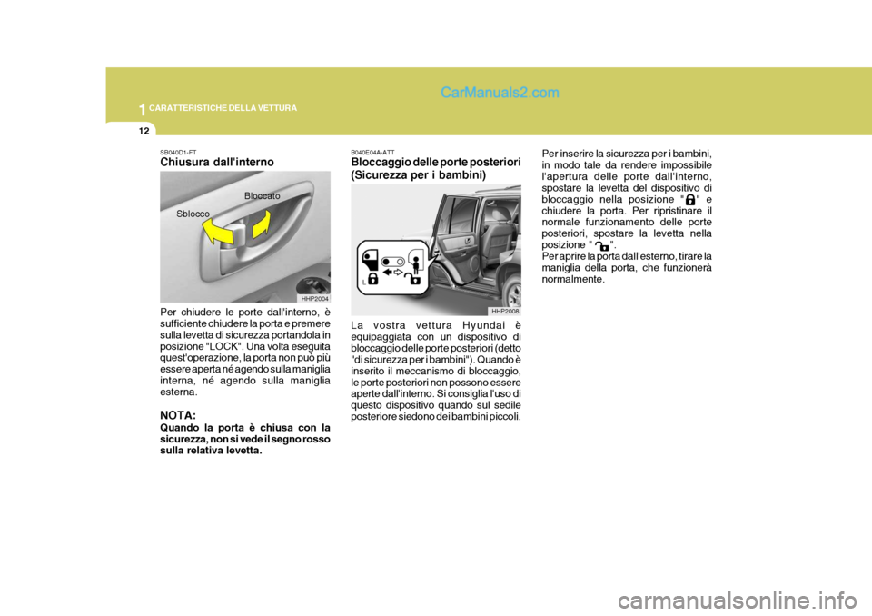 Hyundai Terracan 2006 Manuale del proprietario (in Italian) 1CARATTERISTICHE DELLA VETTURA
12
Bloccato
HHP2004
Sblocco
Per inserire la sicurezza per i bambini, in modo tale da rendere impossibilelapertura delle porte dallinterno, spostare la levetta del disp Hyundai Terracan 2006 Manuale del proprietario (in Italian) 1CARATTERISTICHE DELLA VETTURA
12
Bloccato
HHP2004
Sblocco
Per inserire la sicurezza per i bambini, in modo tale da rendere impossibilelapertura delle porte dallinterno, spostare la levetta del disp