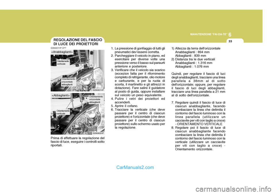 Hyundai Terracan 2006 Manuale del proprietario (in Italian) 6
MANUTENZIONE "FAI-DA-TE"
33
1) Altezza da terra dellorizzontale Anabbaglianti : 894 mm Abbaglianti : 839 mm
2) Distanza tra le due verticali Anabbaglianti : 1.316 mm Abbaglianti : 1.076 mm
Quindi, Hyundai Terracan 2006 Manuale del proprietario (in Italian) 6
MANUTENZIONE "FAI-DA-TE"
33
1) Altezza da terra dellorizzontale Anabbaglianti : 894 mm Abbaglianti : 839 mm
2) Distanza tra le due verticali Anabbaglianti : 1.316 mm Abbaglianti : 1.076 mm
Quindi,