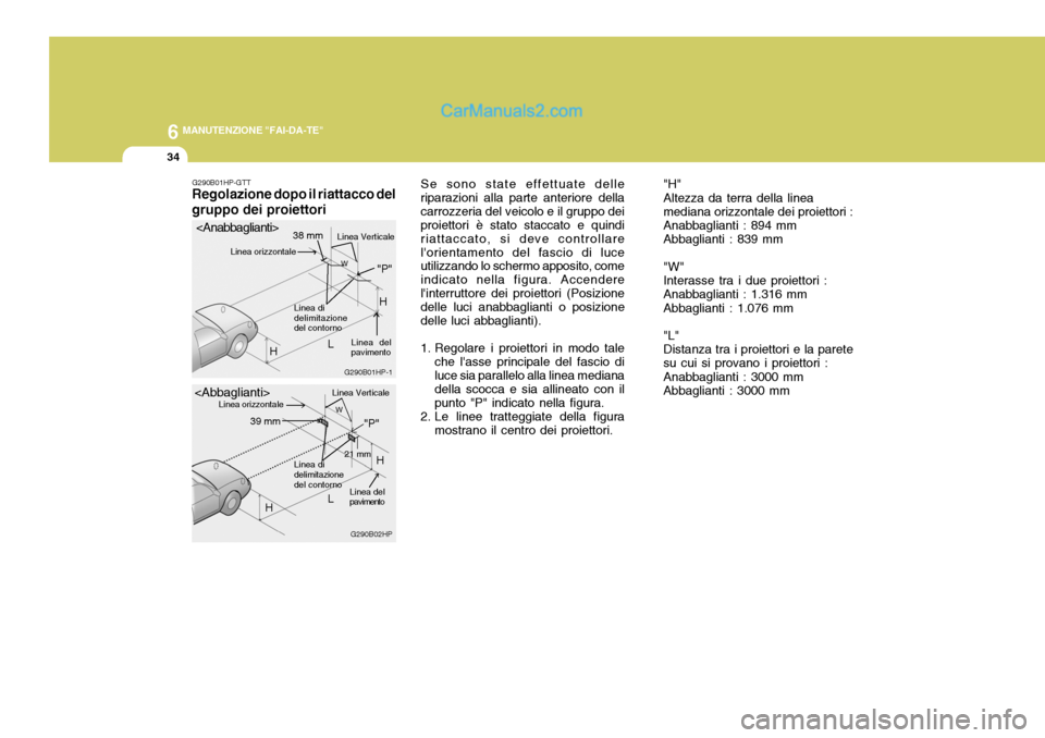 Hyundai Terracan 2006  Manuale del proprietario (in Italian) 6 MANUTENZIONE "FAI-DA-TE"
34
Se sono state effettuate delle riparazioni alla parte anteriore dellacarrozzeria del veicolo e il gruppo dei proiettori è stato staccato e quindi riattaccato, si deve co