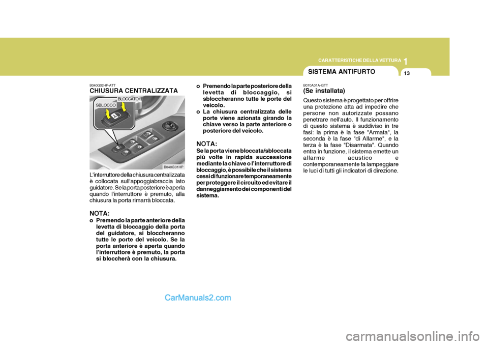 Hyundai Terracan 2006  Manuale del proprietario (in Italian) 1
CARATTERISTICHE DELLA VETTURA
13SISTEMA ANTIFURTO
SBLOCCO
B040G01HP
BLOCCATO
B040G02HP-ATT CHIUSURA CENTRALIZZATA Linterruttore della chiusura centralizzata è collocata sullappoggiabraccia lato g