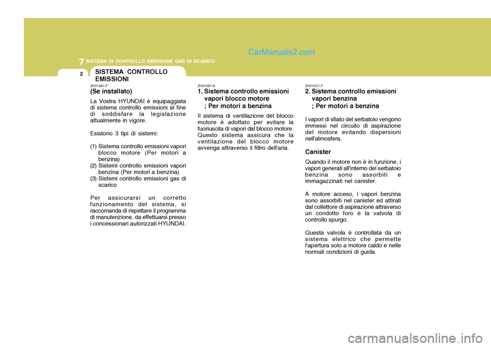 Hyundai Terracan 2006 Manuale del proprietario (in Italian) 7SISTEMA DI CONTROLLO EMISSIONE GAS DI SCARICO
2
ZH010A1-F (Se installato) La Vostra HYUNDAI è equipaggiata
di sistema controllo emissioni al fine di soddisfare la legislazioneattualmente in vigore. Hyundai Terracan 2006 Manuale del proprietario (in Italian) 7SISTEMA DI CONTROLLO EMISSIONE GAS DI SCARICO
2
ZH010A1-F (Se installato) La Vostra HYUNDAI è equipaggiata
di sistema controllo emissioni al fine di soddisfare la legislazioneattualmente in vigore.