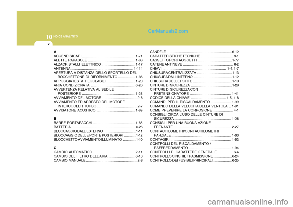 Hyundai Terracan 2006 Manuale del proprietario (in Italian) 10INDICE ANALITICO
2
A ACCENDISIGARI ...................................................... 1-71
ALETTE PARASOLE ................................................ 1-88
ALZACRISTALLI ELETTRICO ......... Hyundai Terracan 2006 Manuale del proprietario (in Italian) 10INDICE ANALITICO
2
A ACCENDISIGARI ...................................................... 1-71
ALETTE PARASOLE ................................................ 1-88
ALZACRISTALLI ELETTRICO .........