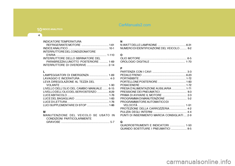 Hyundai Terracan 2006 Manuale del proprietario (in Italian) 10INDICE ANALITICO
4
INDICATORE TEMPERATURAREFRIGERANTE MOTORE ...................................1-61
INDICE ANALITI CO .................................................... 10-1
INTERRUTTORE DEL COND Hyundai Terracan 2006 Manuale del proprietario (in Italian) 10INDICE ANALITICO
4
INDICATORE TEMPERATURAREFRIGERANTE MOTORE ...................................1-61
INDICE ANALITI CO .................................................... 10-1
INTERRUTTORE DEL COND