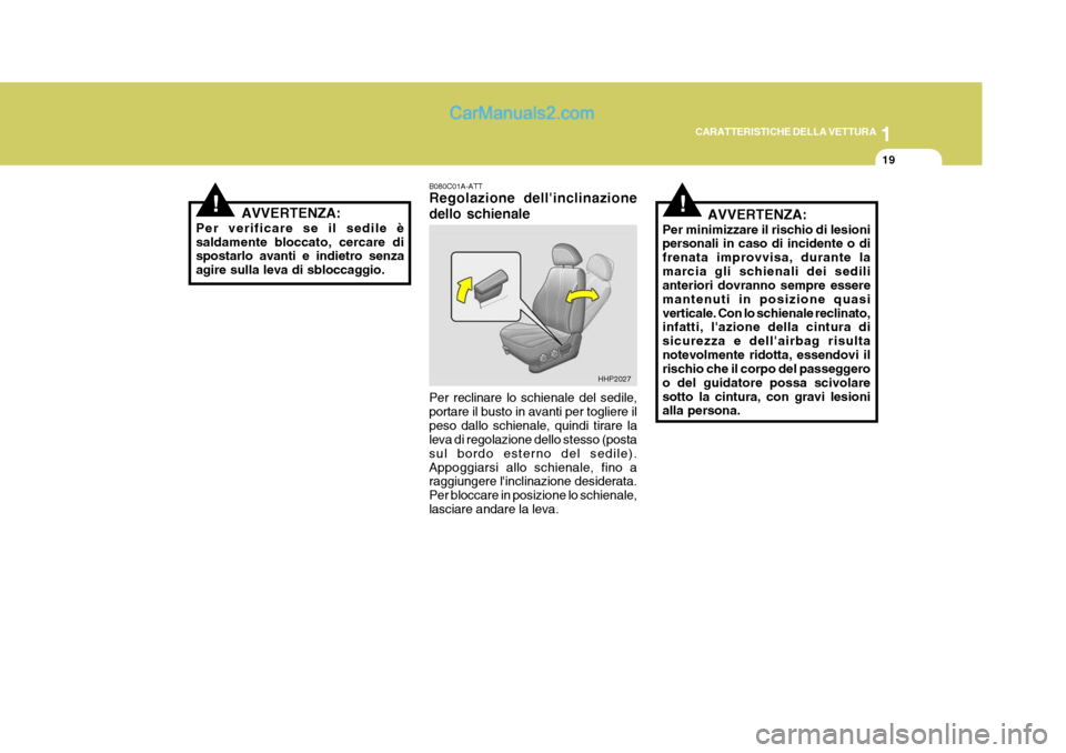 Hyundai Terracan 2006 Manuale del proprietario (in Italian) 1
CARATTERISTICHE DELLA VETTURA
19
!!AVVERTENZA:
Per verificare se il sedile è saldamente bloccato, cercare di spostarlo avanti e indietro senza agire sulla leva di sbloccaggio. B080C01A-ATT Regolazi Hyundai Terracan 2006 Manuale del proprietario (in Italian) 1
CARATTERISTICHE DELLA VETTURA
19
!!AVVERTENZA:
Per verificare se il sedile è saldamente bloccato, cercare di spostarlo avanti e indietro senza agire sulla leva di sbloccaggio. B080C01A-ATT Regolazi
