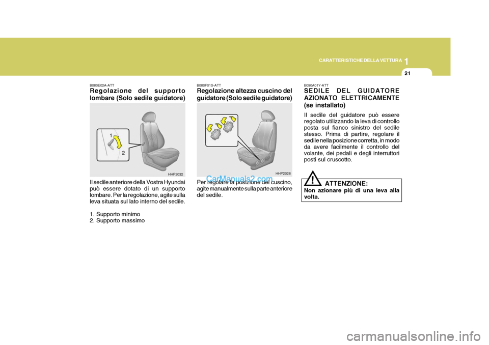 Hyundai Terracan 2006 Manuale del proprietario (in Italian) 1
CARATTERISTICHE DELLA VETTURA
21
B080E02A-ATT Regolazione del supporto lombare (Solo sedile guidatore) Il sedile anteriore della Vostra Hyundai può essere dotato di un supportolombare. Per la regol Hyundai Terracan 2006 Manuale del proprietario (in Italian) 1
CARATTERISTICHE DELLA VETTURA
21
B080E02A-ATT Regolazione del supporto lombare (Solo sedile guidatore) Il sedile anteriore della Vostra Hyundai può essere dotato di un supportolombare. Per la regol