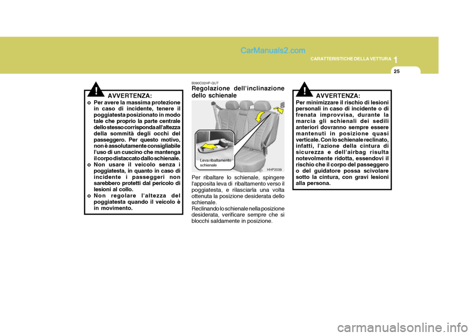 Hyundai Terracan 2006 Manuale del proprietario (in Italian) 1
CARATTERISTICHE DELLA VETTURA
25
Leva ribaltamento schienale
HHP2039
!AVVERTENZA:
o Per avere la massima protezione in caso di incidente, tenere il poggiatesta posizionato in modo
tale che proprio l Hyundai Terracan 2006 Manuale del proprietario (in Italian) 1
CARATTERISTICHE DELLA VETTURA
25
Leva ribaltamento schienale
HHP2039
!AVVERTENZA:
o Per avere la massima protezione in caso di incidente, tenere il poggiatesta posizionato in modo
tale che proprio l