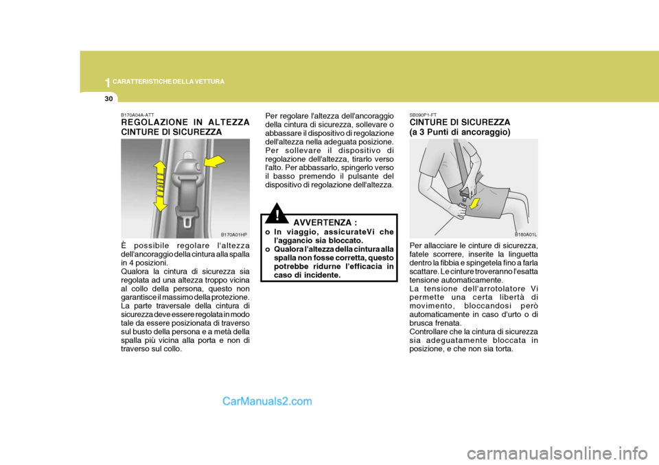 Hyundai Terracan 2006  Manuale del proprietario (in Italian) 1CARATTERISTICHE DELLA VETTURA
30
SB090P1-FT CINTURE DI SICUREZZA (a 3 Punti di ancoraggio) Per allacciare le cinture di sicurezza, fatele scorrere, inserite la linguettadentro la fibbia e spingetela 