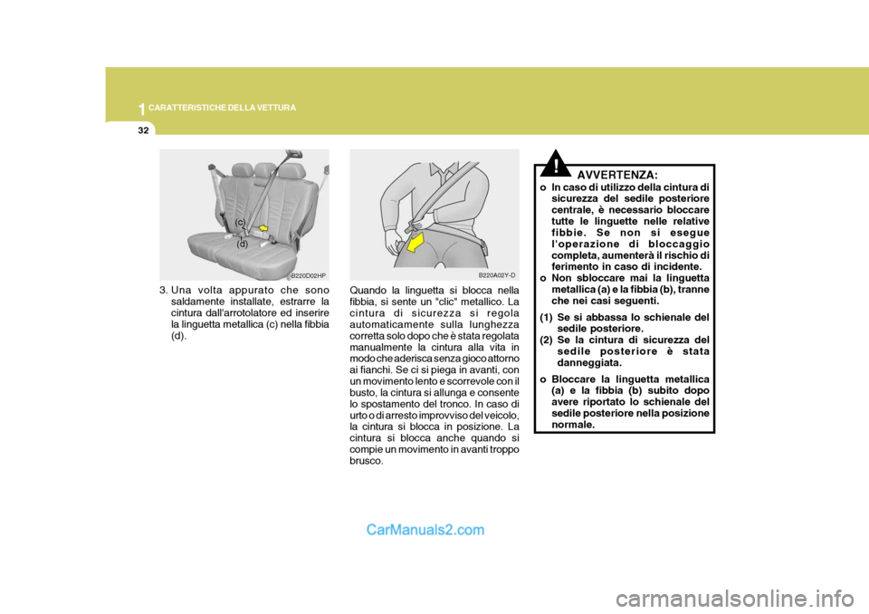 Hyundai Terracan 2006 Manuale del proprietario (in Italian) 1CARATTERISTICHE DELLA VETTURA
32
!
3. Una volta appurato che sono
saldamente installate, estrarre la cintura dallarrotolatore ed inserire la linguetta metallica (c) nella fibbia (d). AVVERTENZA:
o I Hyundai Terracan 2006 Manuale del proprietario (in Italian) 1CARATTERISTICHE DELLA VETTURA
32
!
3. Una volta appurato che sono
saldamente installate, estrarre la cintura dallarrotolatore ed inserire la linguetta metallica (c) nella fibbia (d). AVVERTENZA:
o I
