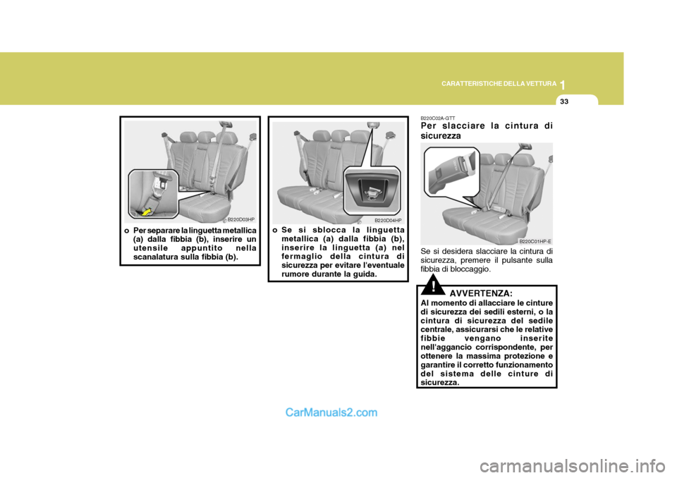 Hyundai Terracan 2006 Manuale del proprietario (in Italian) 1
CARATTERISTICHE DELLA VETTURA
33
!
B220C02A-GTT Per slacciare la cintura di sicurezza Se si desidera slacciare la cintura di sicurezza, premere il pulsante sullafibbia di bloccaggio.
AVVERTENZA:
Al Hyundai Terracan 2006 Manuale del proprietario (in Italian) 1
CARATTERISTICHE DELLA VETTURA
33
!
B220C02A-GTT Per slacciare la cintura di sicurezza Se si desidera slacciare la cintura di sicurezza, premere il pulsante sullafibbia di bloccaggio.
AVVERTENZA:
Al