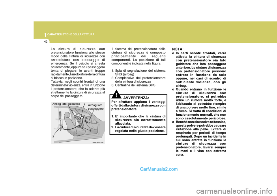 Hyundai Terracan 2006 Manuale del proprietario (in Italian) 1CARATTERISTICHE DELLA VETTURA
42
NOTA:
o In certi scontri frontali, verràattivata la cintura di sicurezza con pretensionatore sia latoguidatore che lato passeggero anteriore. Le cinture di sicurezz Hyundai Terracan 2006 Manuale del proprietario (in Italian) 1CARATTERISTICHE DELLA VETTURA
42
NOTA:
o In certi scontri frontali, verràattivata la cintura di sicurezza con pretensionatore sia latoguidatore che lato passeggero anteriore. Le cinture di sicurezz