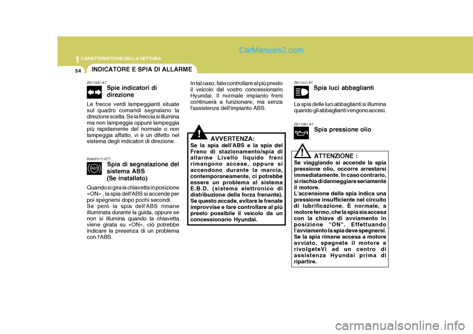 Hyundai Terracan 2006 Manuale del proprietario (in Italian) 1CARATTERISTICHE DELLA VETTURA
54INDICATORE E SPIA DI ALLARME
!
!
ZB110G1-AT
Spie indicatori di direzione
Le frecce verdi lampeggianti situate sul quadro comandi segnalano ladirezione scelta. Se la fr Hyundai Terracan 2006 Manuale del proprietario (in Italian) 1CARATTERISTICHE DELLA VETTURA
54INDICATORE E SPIA DI ALLARME
!
!
ZB110G1-AT
Spie indicatori di direzione
Le frecce verdi lampeggianti situate sul quadro comandi segnalano ladirezione scelta. Se la fr