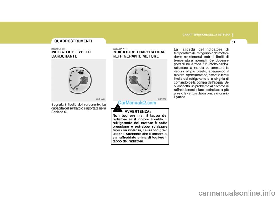 Hyundai Terracan 2006 Manuale del proprietario (in Italian) 1
CARATTERISTICHE DELLA VETTURA
61QUADROSTRUMENTI
HHP2080 HHP2081
!
B280A01A-ATT INDICATORE LIVELLO CARBURANTE Segnala il livello del carburante. La capacità del serbatoio è riportata nellaSezione 9 Hyundai Terracan 2006 Manuale del proprietario (in Italian) 1
CARATTERISTICHE DELLA VETTURA
61QUADROSTRUMENTI
HHP2080 HHP2081
!
B280A01A-ATT INDICATORE LIVELLO CARBURANTE Segnala il livello del carburante. La capacità del serbatoio è riportata nellaSezione 9