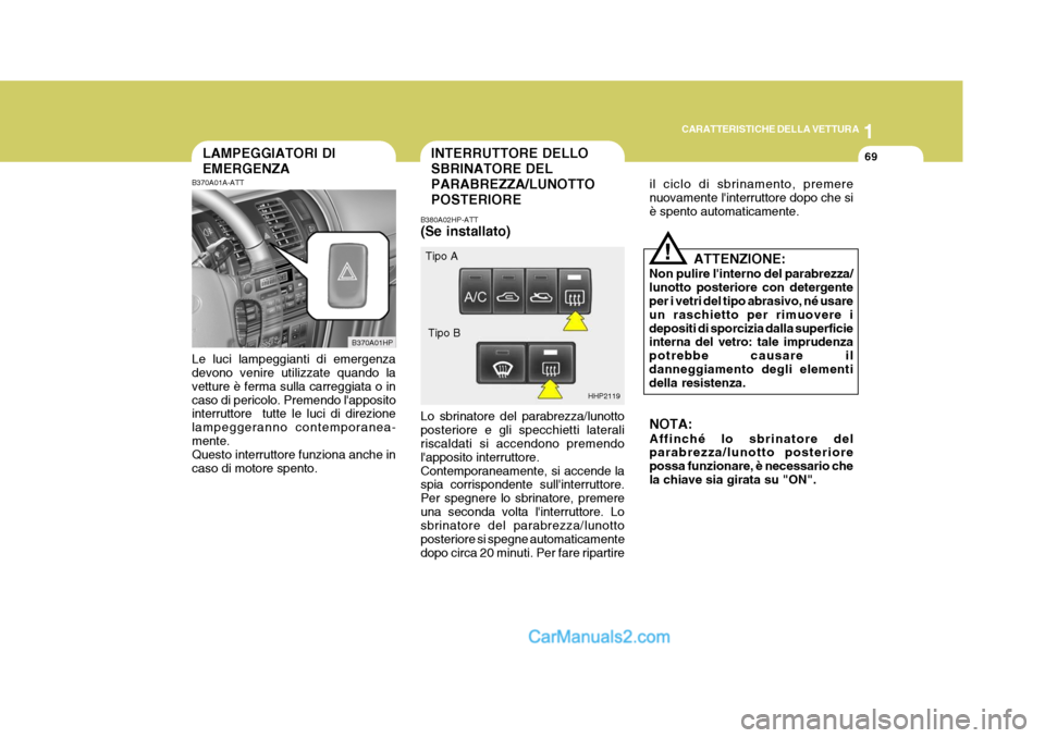 Hyundai Terracan 2006 Manuale del proprietario (in Italian) 1
CARATTERISTICHE DELLA VETTURA
69INTERRUTTORE DELLO SBRINATORE DELPARABREZZA/LUNOTTOPOSTERIORELAMPEGGIATORI DI EMERGENZA
B370A01HP HHP2119
Tipo A
Tipo B
B370A01A-ATT Le luci lampeggianti di emergenza Hyundai Terracan 2006 Manuale del proprietario (in Italian) 1
CARATTERISTICHE DELLA VETTURA
69INTERRUTTORE DELLO SBRINATORE DELPARABREZZA/LUNOTTOPOSTERIORELAMPEGGIATORI DI EMERGENZA
B370A01HP HHP2119
Tipo A
Tipo B
B370A01A-ATT Le luci lampeggianti di emergenza