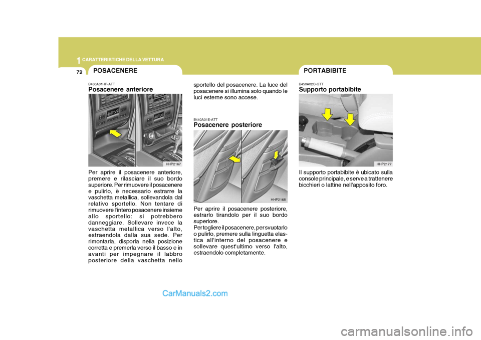 Hyundai Terracan 2006 Manuale del proprietario (in Italian) 1CARATTERISTICHE DELLA VETTURA
72PORTABIBITE
HHP2177POSACENERE
HHP2167 HHP2168
B450A02O-GTT Supporto portabibite Il supporto portabibite è ubicato sulla console principale, e serve a trattenere bicch Hyundai Terracan 2006 Manuale del proprietario (in Italian) 1CARATTERISTICHE DELLA VETTURA
72PORTABIBITE
HHP2177POSACENERE
HHP2167 HHP2168
B450A02O-GTT Supporto portabibite Il supporto portabibite è ubicato sulla console principale, e serve a trattenere bicch