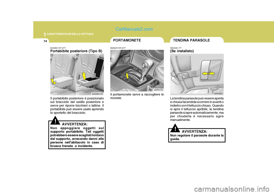 Hyundai Terracan 2006 Manuale del proprietario (in Italian) 1CARATTERISTICHE DELLA VETTURA
74
!
PORTAMONETETENDINA PARASOLE
HHP2023
HHP2173
!
B450B01HP-GTT Portabibite posteriore (Tipo B) Il portabibite posteriore è posizionato sul bracciolo del sedile poster Hyundai Terracan 2006 Manuale del proprietario (in Italian) 1CARATTERISTICHE DELLA VETTURA
74
!
PORTAMONETETENDINA PARASOLE
HHP2023
HHP2173
!
B450B01HP-GTT Portabibite posteriore (Tipo B) Il portabibite posteriore è posizionato sul bracciolo del sedile poster