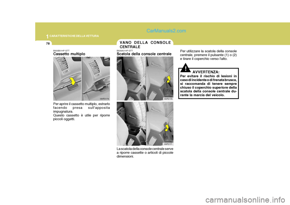 Hyundai Terracan 2006 Manuale del proprietario (in Italian) 1CARATTERISTICHE DELLA VETTURA
78VANO DELLA CONSOLE CENTRALE
HHP2170
HHP2171
(2)
(1)
B500B01HP-GTT Cassetto multiplo Per aprire il cassetto multiplo, estrarlo facendo presa sullapposita impugnatura.Q Hyundai Terracan 2006 Manuale del proprietario (in Italian) 1CARATTERISTICHE DELLA VETTURA
78VANO DELLA CONSOLE CENTRALE
HHP2170
HHP2171
(2)
(1)
B500B01HP-GTT Cassetto multiplo Per aprire il cassetto multiplo, estrarlo facendo presa sullapposita impugnatura.Q