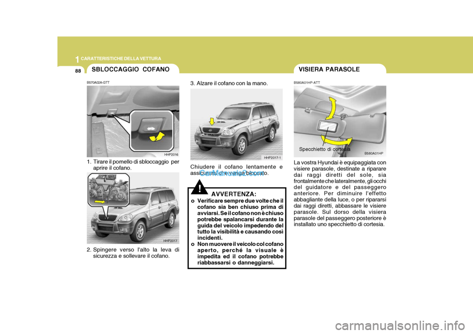 Hyundai Terracan 2006 Manuale del proprietario (in Italian) 1CARATTERISTICHE DELLA VETTURA
88VISIERA PARASOLE
B580A01HP
Specchietto di cortesia
B580A01HP-ATT La vostra Hyundai è equipaggiata con visiere parasole, destinate a riparare dai raggi diretti del sol Hyundai Terracan 2006 Manuale del proprietario (in Italian) 1CARATTERISTICHE DELLA VETTURA
88VISIERA PARASOLE
B580A01HP
Specchietto di cortesia
B580A01HP-ATT La vostra Hyundai è equipaggiata con visiere parasole, destinate a riparare dai raggi diretti del sol