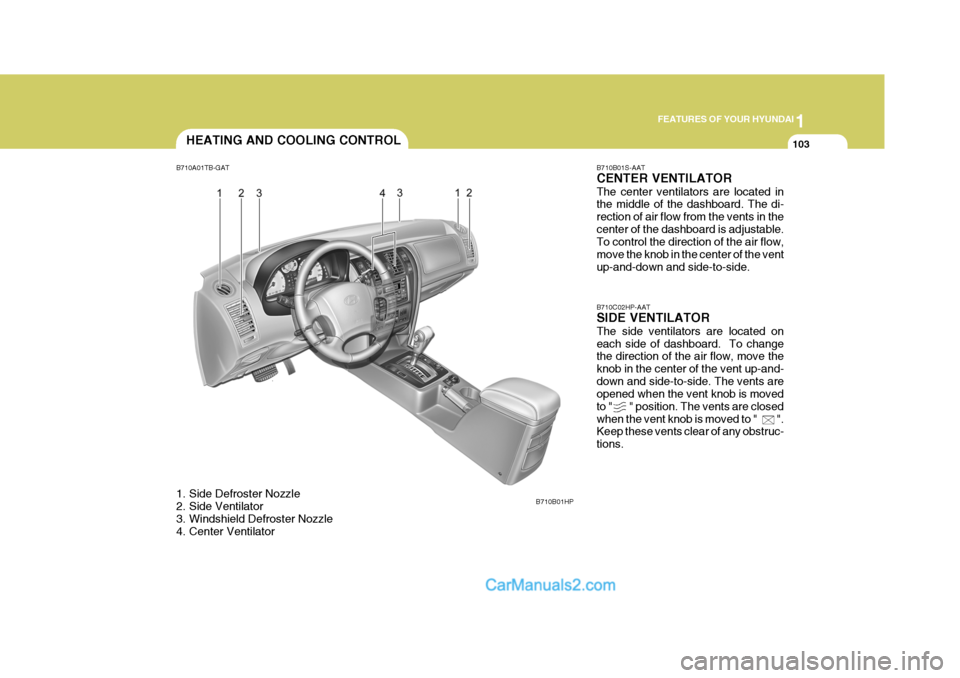 Hyundai Terracan 2005  Owners Manual 1
FEATURES OF YOUR HYUNDAI
103
B710B01S-AAT CENTER VENTILATOR The center ventilators are located in the middle of the dashboard. The di- rection of air flow from the vents in thecenter of the dashboar