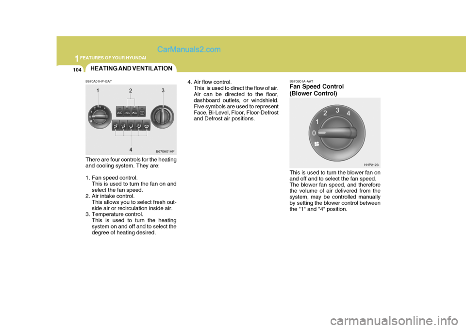 Hyundai Terracan 2005 Owners Manual 1FEATURES OF YOUR HYUNDAI
104HEATING AND VENTILATION
B670A01HP-GAT There are four controls for the heating and cooling system. They are:
1. Fan speed control. This is used to turn the fan on and sele Hyundai Terracan 2005 Owners Manual 1FEATURES OF YOUR HYUNDAI
104HEATING AND VENTILATION
B670A01HP-GAT There are four controls for the heating and cooling system. They are:
1. Fan speed control. This is used to turn the fan on and sele