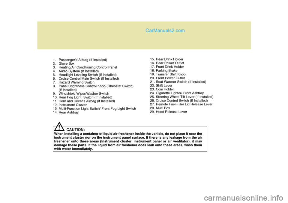 Hyundai Terracan 2005 User Guide CAUTION:
When installing a container of liquid air freshener inside the vehicle, do not place it near the instrument cluster nor on the instrument panel surface. If there is any leakage from the air f Hyundai Terracan 2005 User Guide CAUTION:
When installing a container of liquid air freshener inside the vehicle, do not place it near the instrument cluster nor on the instrument panel surface. If there is any leakage from the air f