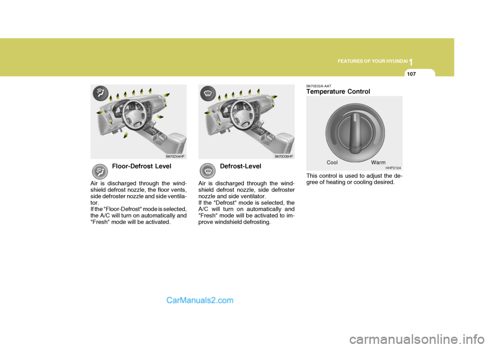 Hyundai Terracan 2005 Owners Manual 1
FEATURES OF YOUR HYUNDAI
107
Floor-Defrost Level
Air is discharged through the wind- shield defrost nozzle, the floor vents, side defroster nozzle and side ventila-tor. If the "Floor-Defrost" mode i Hyundai Terracan 2005 Owners Manual 1
FEATURES OF YOUR HYUNDAI
107
Floor-Defrost Level
Air is discharged through the wind- shield defrost nozzle, the floor vents, side defroster nozzle and side ventila-tor. If the "Floor-Defrost" mode i