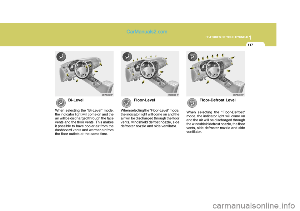Hyundai Terracan 2005  Owners Manual 1
FEATURES OF YOUR HYUNDAI
117
Bi-Level
When selecting the "Bi-Level" mode, the indicator light will come on and theair will be discharged through the face vents and the floor vents. This makes it pos