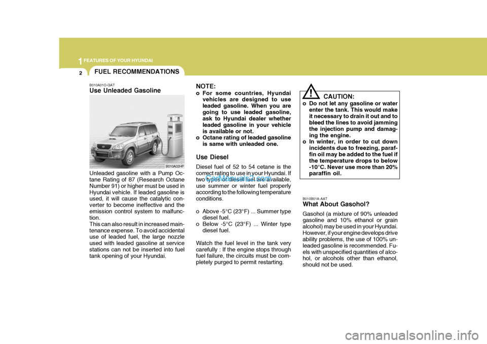 Hyundai Terracan 2005  Owners Manual 1FEATURES OF YOUR HYUNDAI
2
B010B01A-AAT What About Gasohol? Gasohol (a mixture of 90% unleaded gasoline and 10% ethanol or grain alcohol) may be used in your Hyundai.However, if your engine develops 