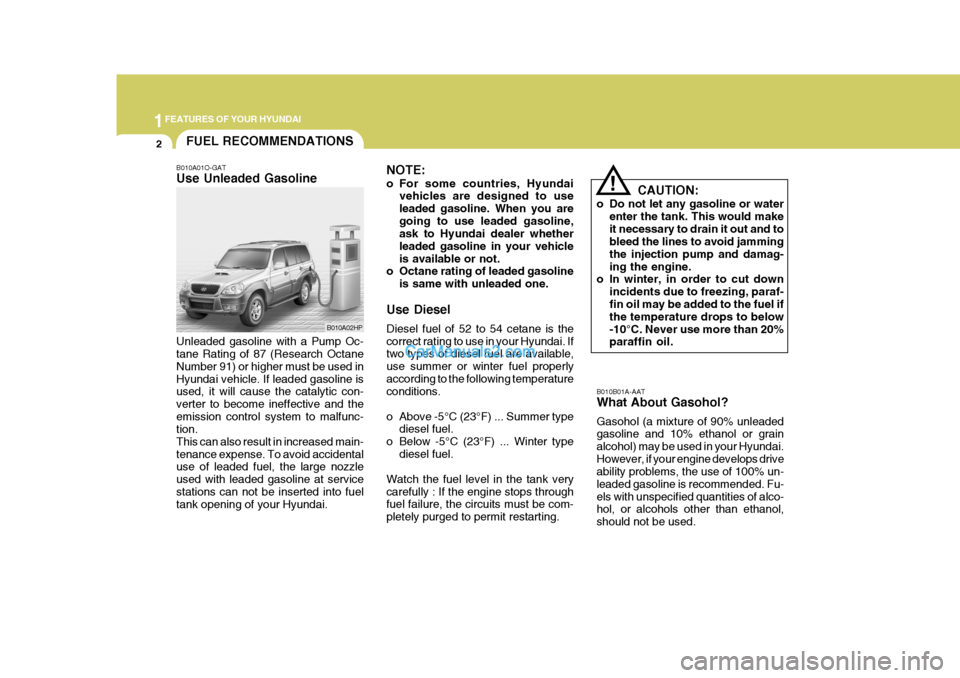 Hyundai Terracan 2005 User Guide 1FEATURES OF YOUR HYUNDAI
2
B010B01A-AAT What About Gasohol? Gasohol (a mixture of 90% unleaded gasoline and 10% ethanol or grain alcohol) may be used in your Hyundai.However, if your engine develops Hyundai Terracan 2005 User Guide 1FEATURES OF YOUR HYUNDAI
2
B010B01A-AAT What About Gasohol? Gasohol (a mixture of 90% unleaded gasoline and 10% ethanol or grain alcohol) may be used in your Hyundai.However, if your engine develops