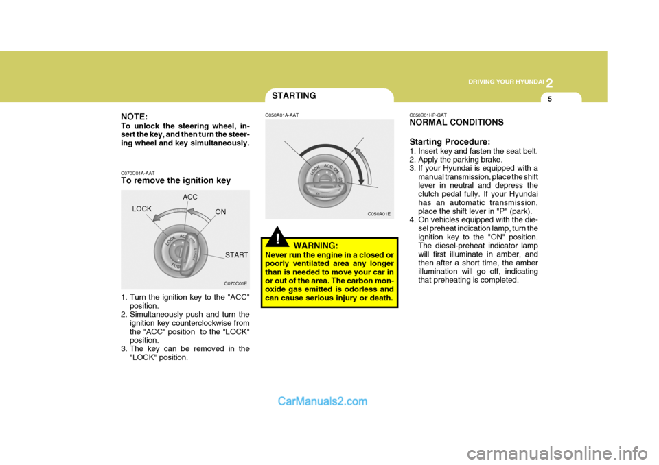 Hyundai Terracan 2005 Owners Manual 2
DRIVING YOUR HYUNDAI
5STARTING
!
NOTE: To unlock the steering wheel, in- sert the key, and then turn the steer- ing wheel and key simultaneously. C070C01A-AAT To remove the ignition key
1. Turn th Hyundai Terracan 2005 Owners Manual 2
DRIVING YOUR HYUNDAI
5STARTING
!
NOTE: To unlock the steering wheel, in- sert the key, and then turn the steer- ing wheel and key simultaneously. C070C01A-AAT To remove the ignition key
1. Turn th